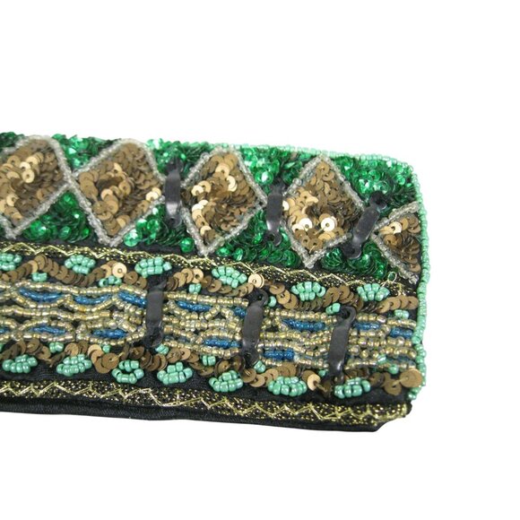 Vintage Emerald Beaded Sequin Belt Applique Statement Party Wide Boho Chic 37 in - Picture 6 of 15